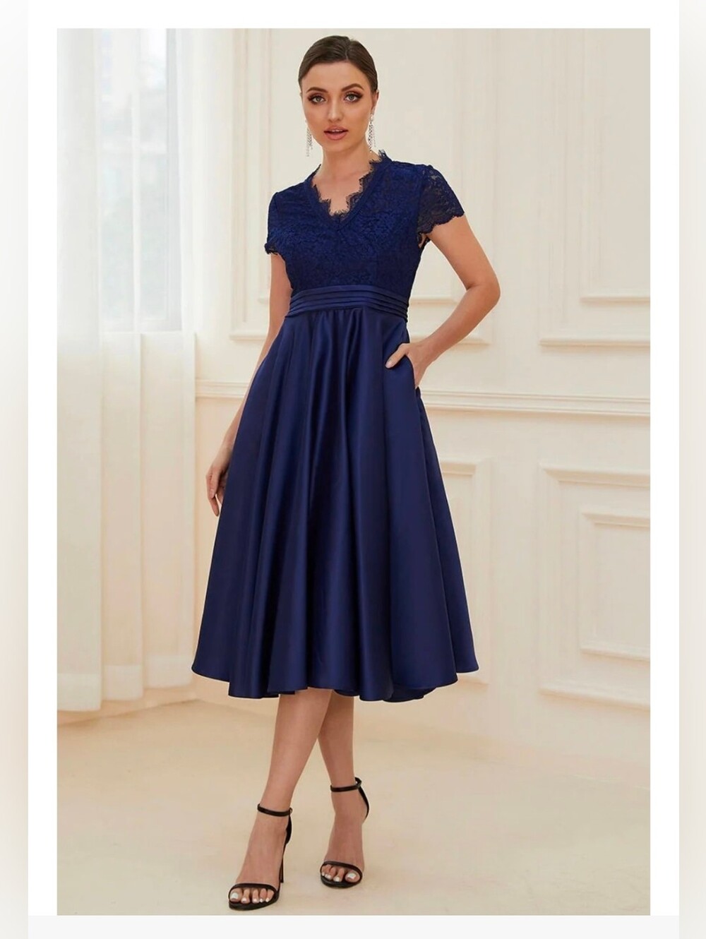 Ever Pretty Navy Lace Fit-and-Flare Midi Dress